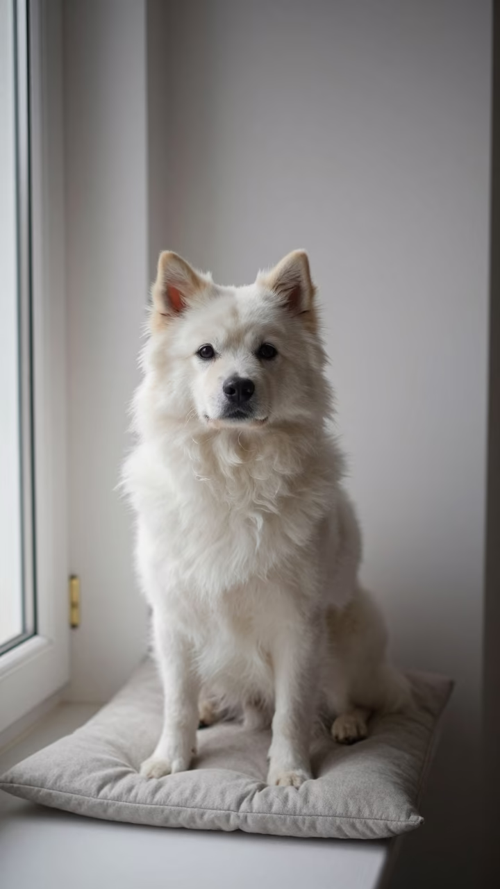 Kishu Ken Portrait on Cushioned Window Seat in on a cushioned window seat with soft side light and an uncluttered background in Okene