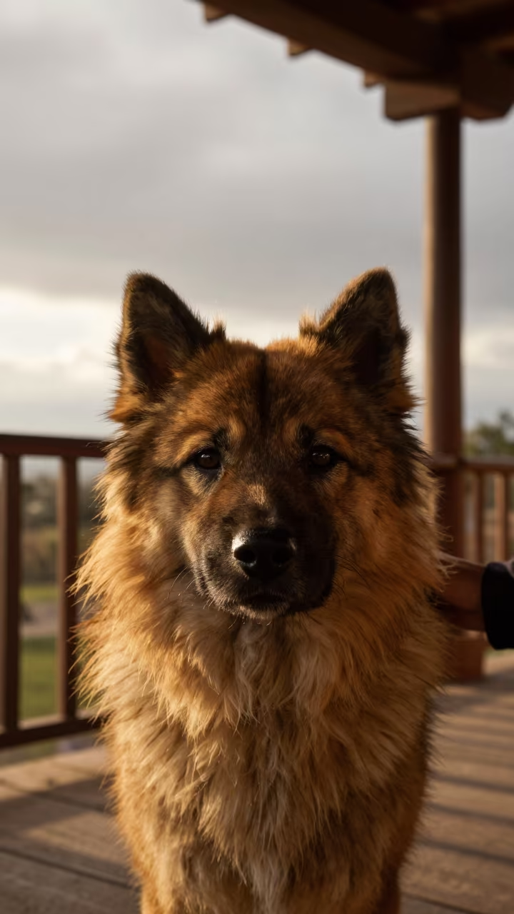 Kishu Ken Portrait on Queretaro Porch in on a shaded front porch with boards, railings, and eye-level framing in Queretaro