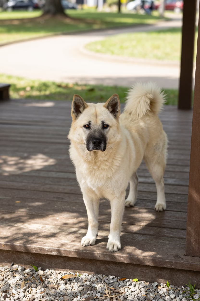 Kishu Ken Portrait on Shaded Porch Near Porto Alegre in along a quiet park path with soft open shade and a clean background near Porto Alegre