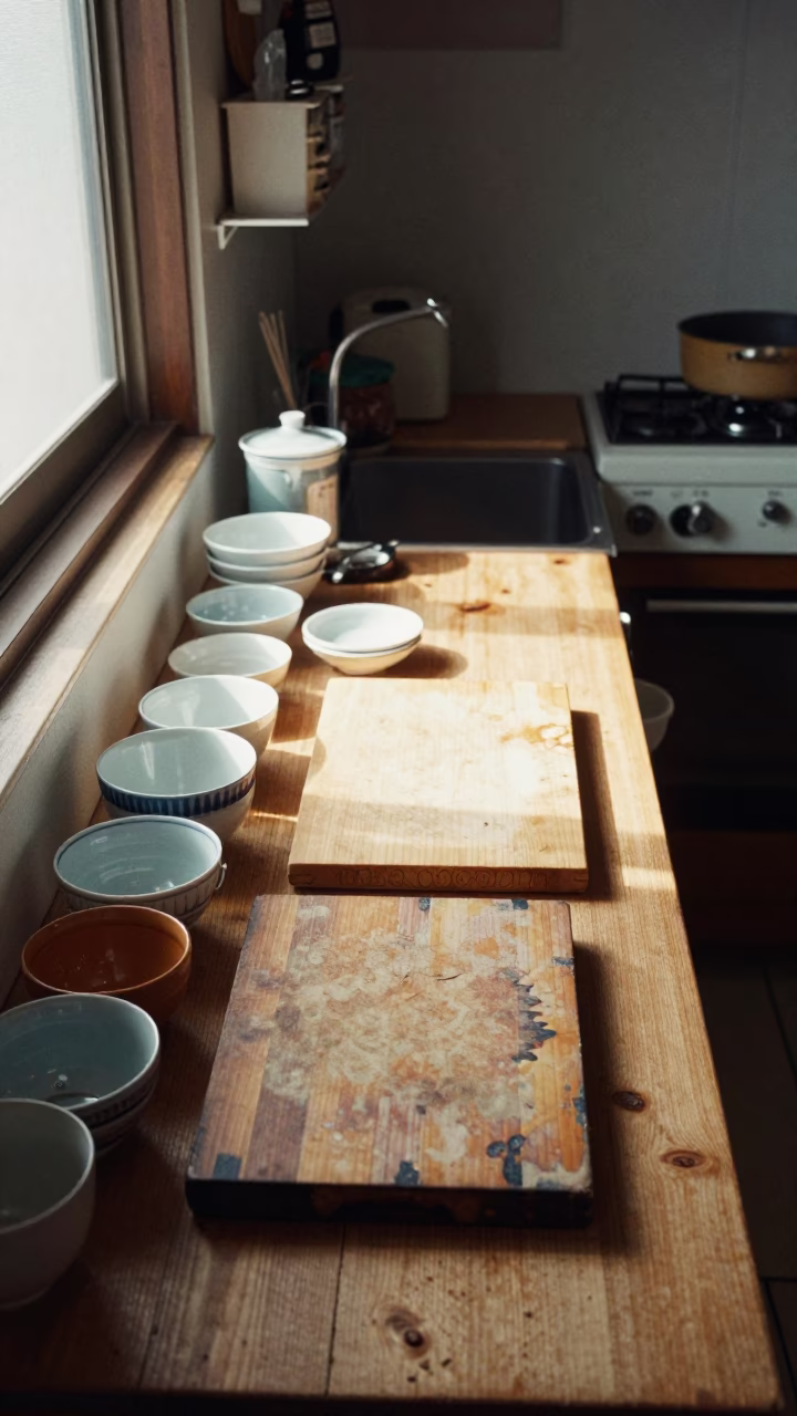 Kitchen Counter at The Flat Glare Of Noon Light in Osaka in in Osaka, Japan