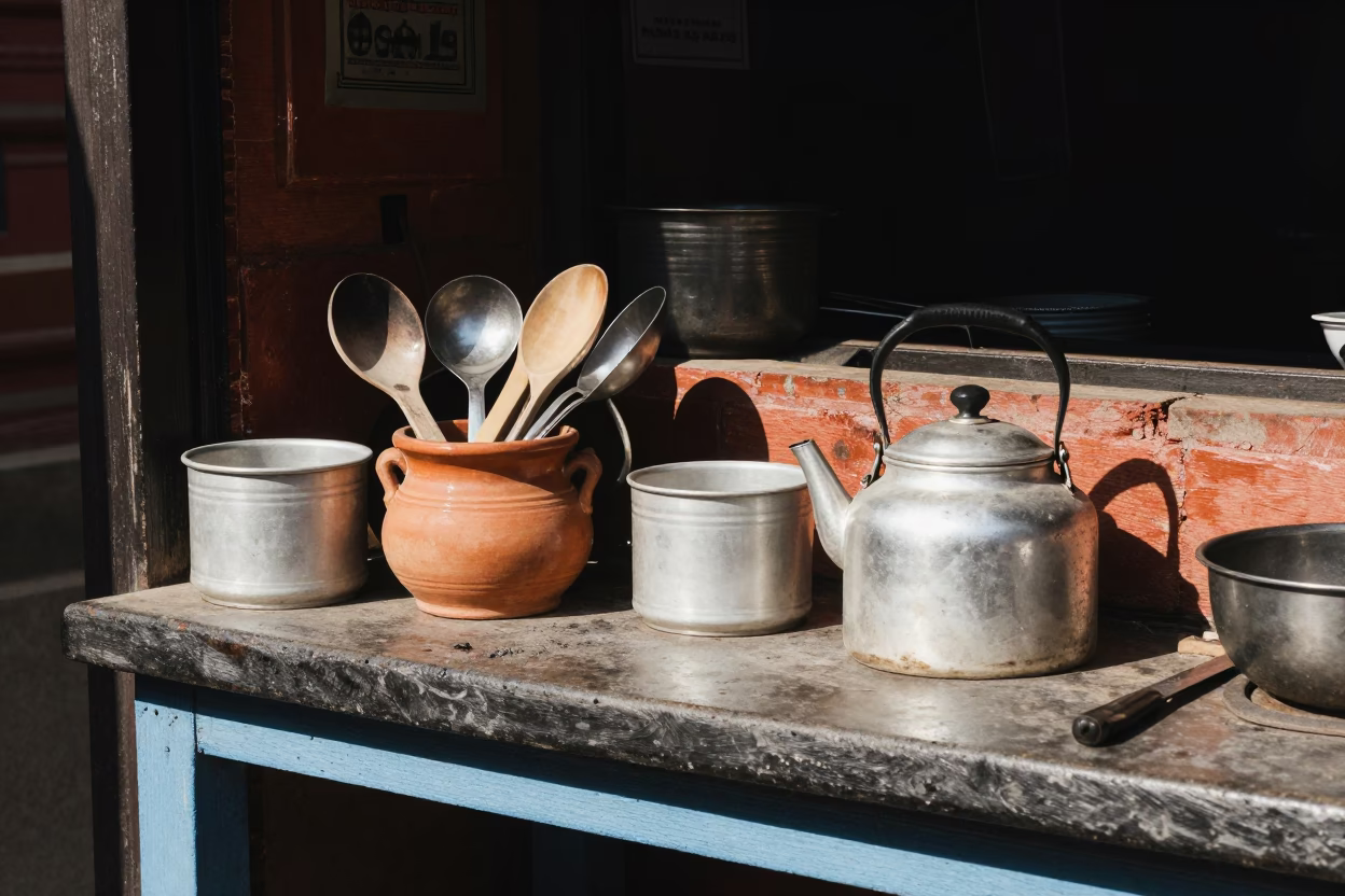 Kitchen Counter in Kathmandu at The Flat Glare Of Noon Light in in Kathmandu, Nepal