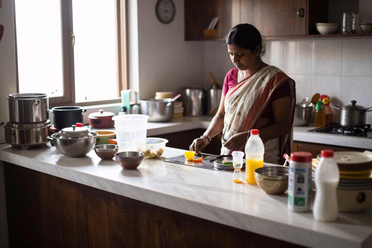 Kitchen Counter in Kolkata at Bright Midmorning Light in in Kolkata, India