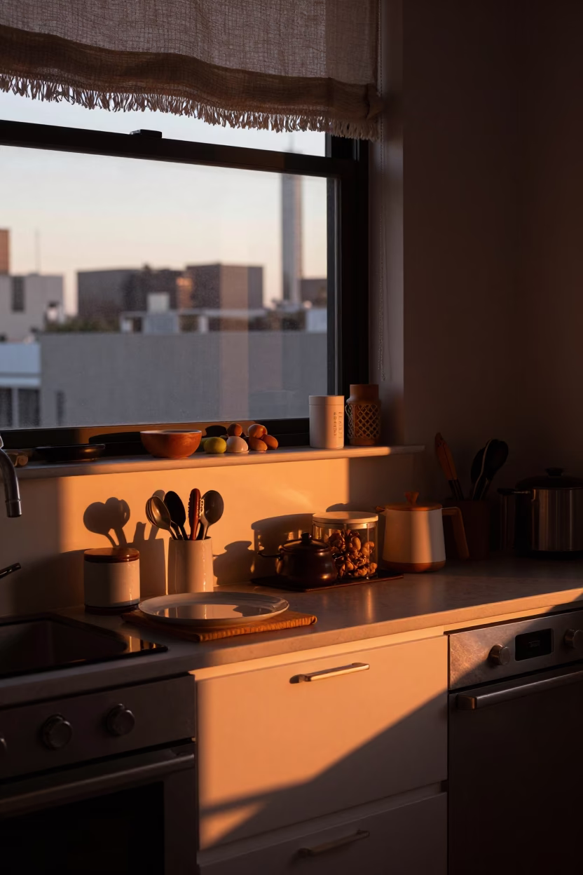 Kitchen Counter in Melbourne at Copper-toned Light Before Dusk in in Melbourne, Victoria, Australia