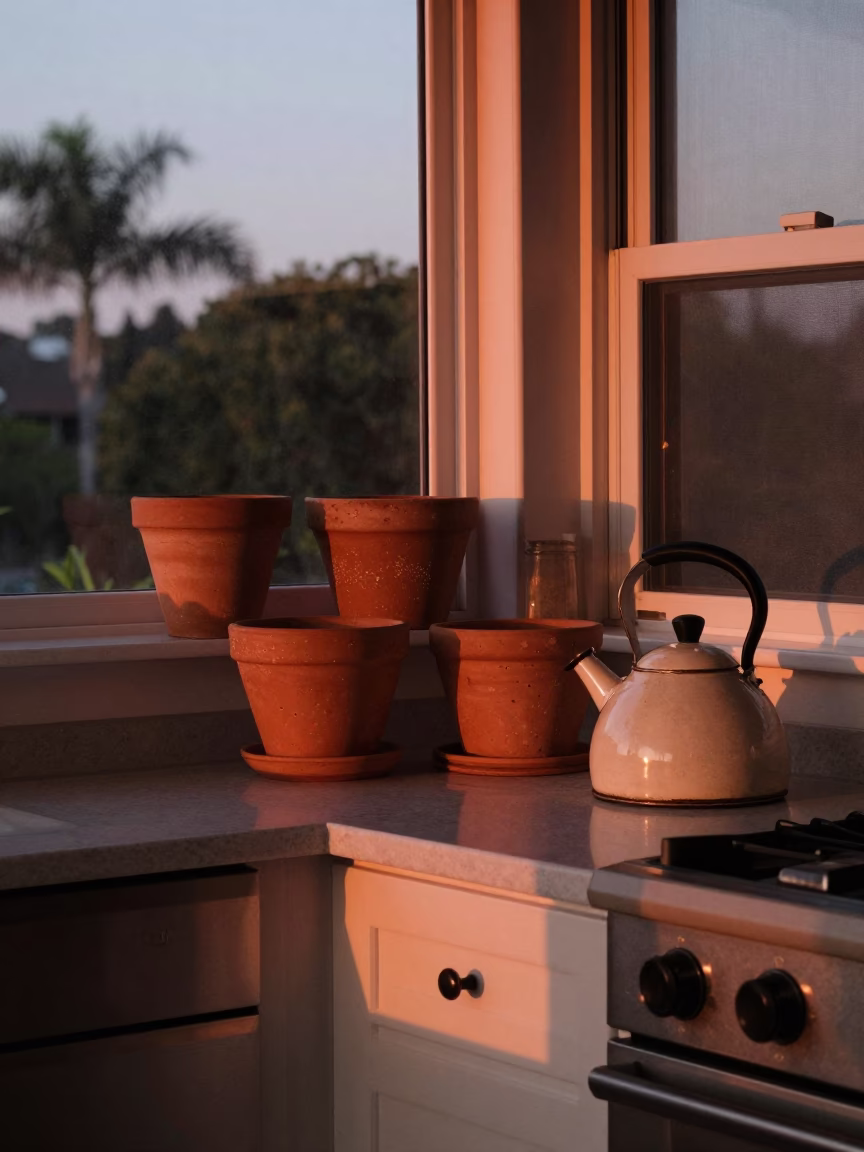 Kitchen Counter in San Diego at Copper-toned Light Before Dusk in in San Diego, California, United States
