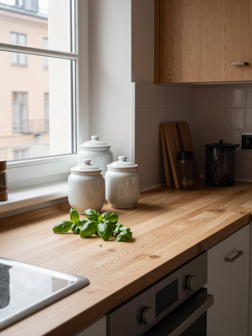 Kitchen Counter in Stockholm at Flat Noon Light in in Stockholm, Sweden