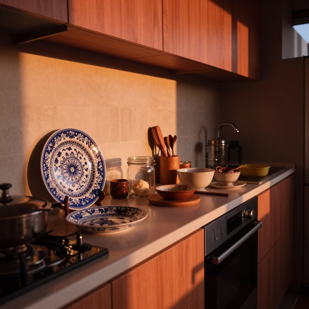 Kitchen Counter in Tainan at Copper-toned Light Before Dusk in in Tainan, Taiwan