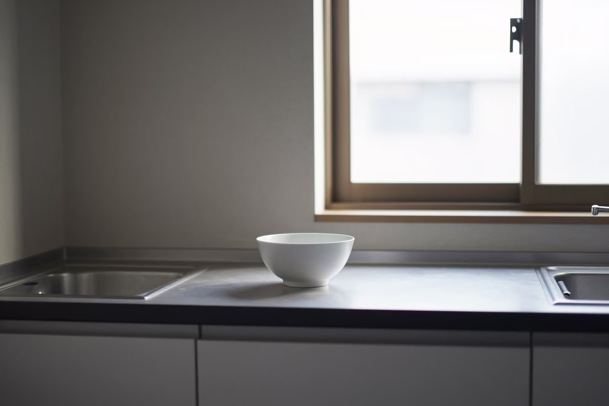 Kitchen Details at As First Light Reaches The Scene in Osaka in in Osaka, Japan