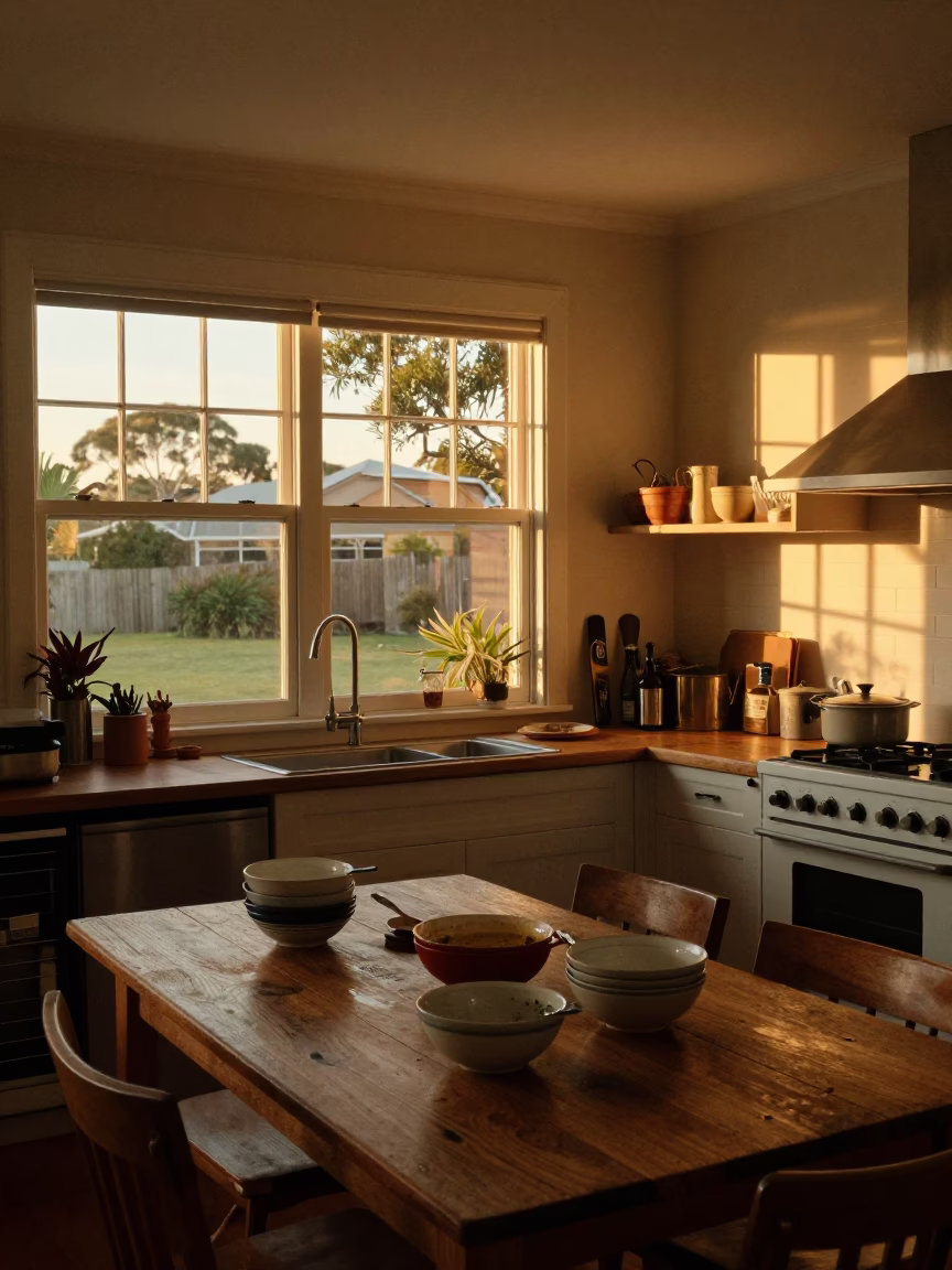 Kitchen Evening in Adelaide at Honeyed Evening Light in in Adelaide, South Australia, Australia