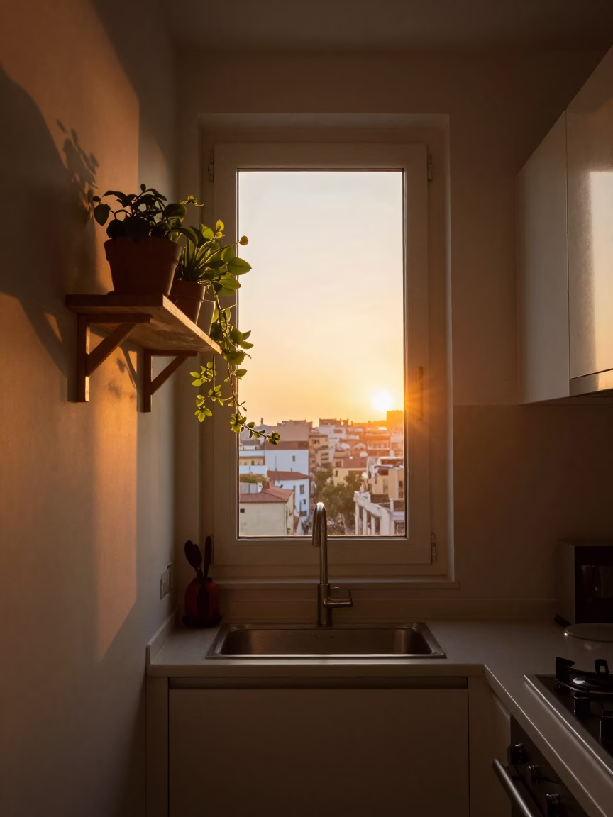 Kitchen Interior in Barcelona at As The Sun Drops Toward The Horizon in in Barcelona, Spain