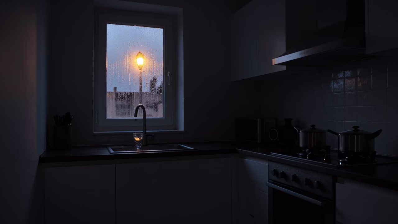 Kitchen Interior in Barcelona at The Predawn Darkness Light in in Barcelona, Spain
