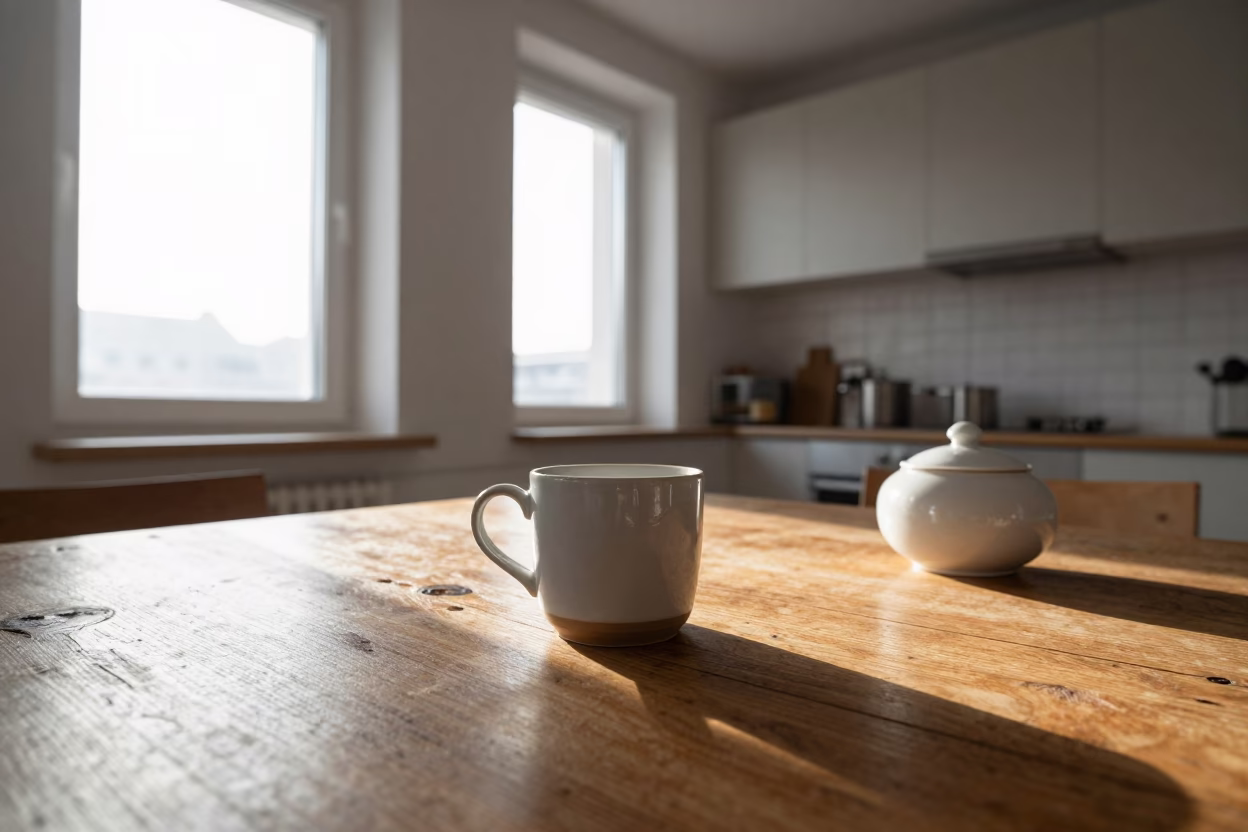 Kitchen Interior in Budapest at As First Light Reaches The Scene in in Budapest, Hungary