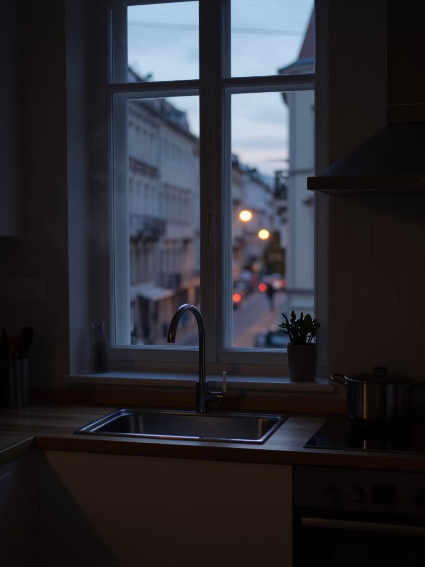 Kitchen Interior in Budapest at The Predawn Darkness Light in in Budapest, Hungary