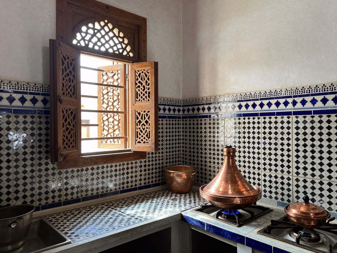 Kitchen Interior in Fez at Bright Midmorning Light in in Fez, Morocco