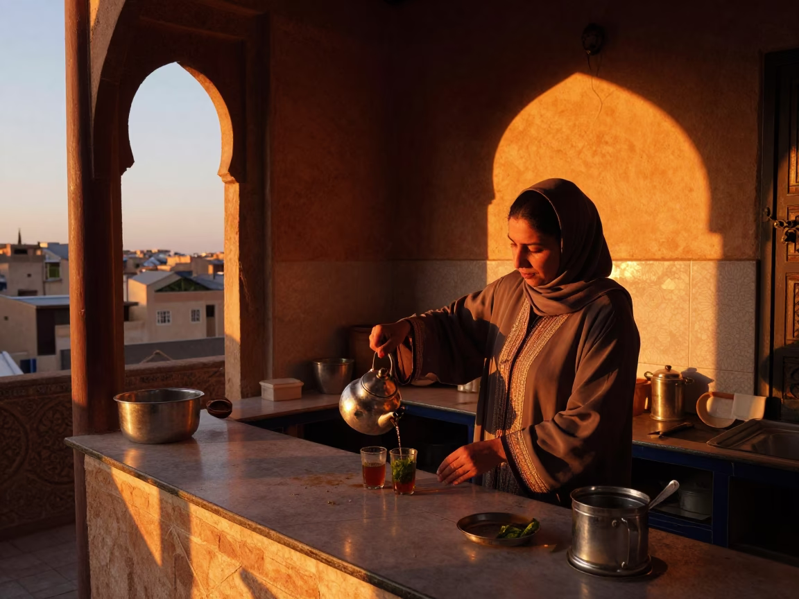 Kitchen Interior in Fez at Sunset Light in in Fez, Morocco