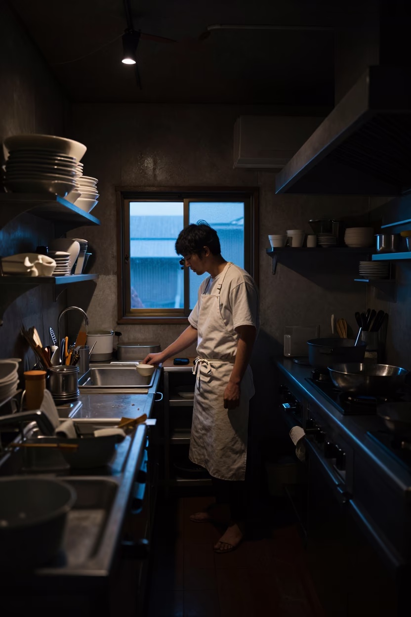 Kitchen Interior in Fukuoka at The Predawn Darkness Light in in Fukuoka, Japan