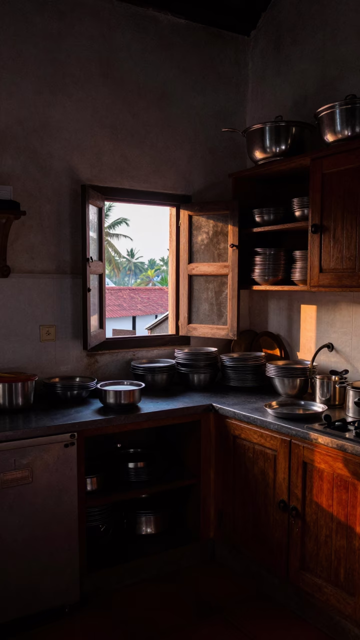 Kitchen Interior in Kochi at The Still Hours Before Dawn Light in in Kochi, India