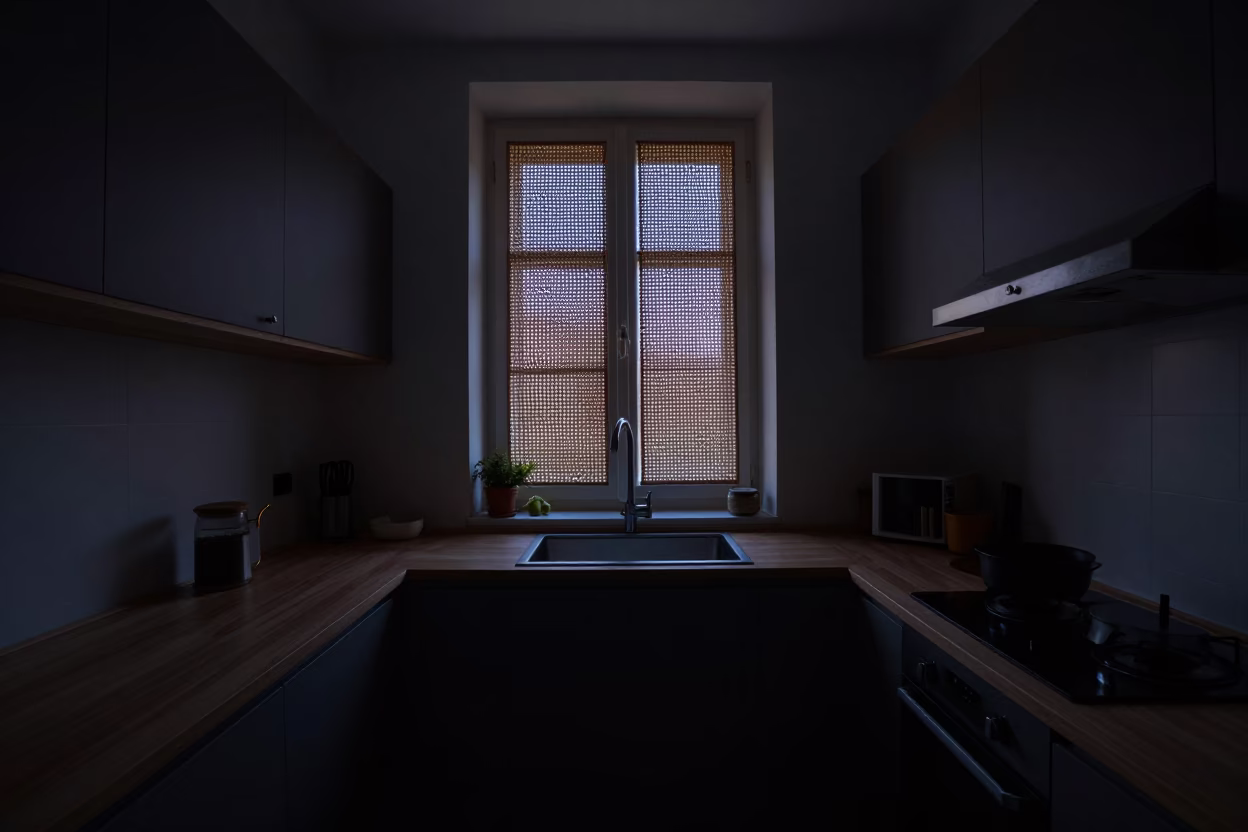 Kitchen Interior in Krakow at The Predawn Darkness Light in in Krakow, Poland