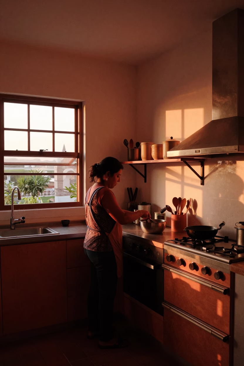 Kitchen Interior in Lima at Copper-toned Light Before Dusk in in Lima, Peru