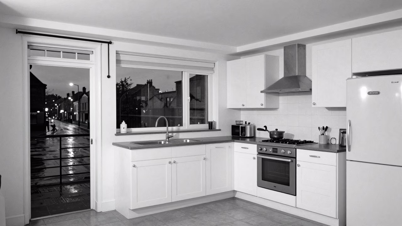 Kitchen Interior in Liverpool at As City Lights Begin To Glow in in Liverpool, United Kingdom