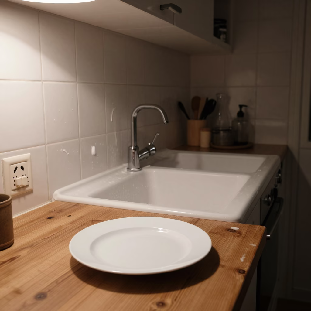 Kitchen Interior in Lyon at Late At Night Light in in Lyon, France