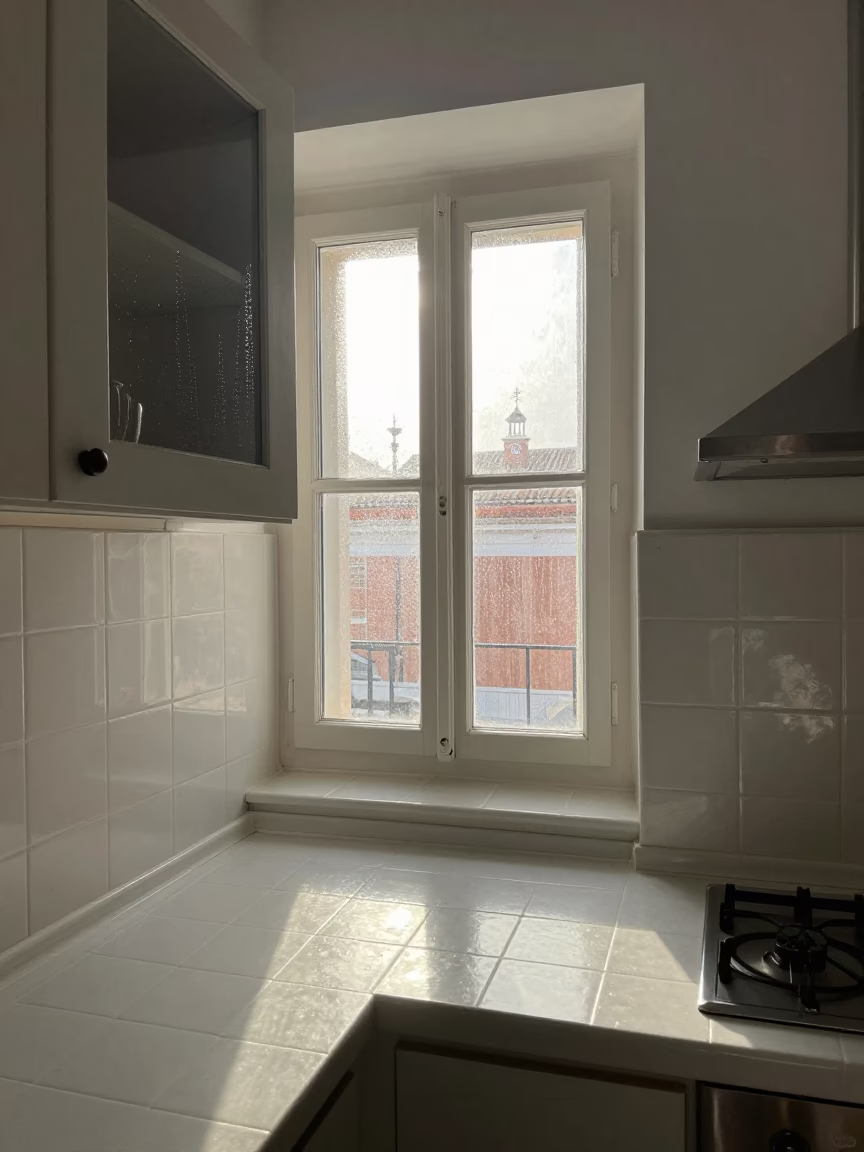Kitchen Interior in Madrid at As First Light Reaches The Scene in in Madrid, Spain