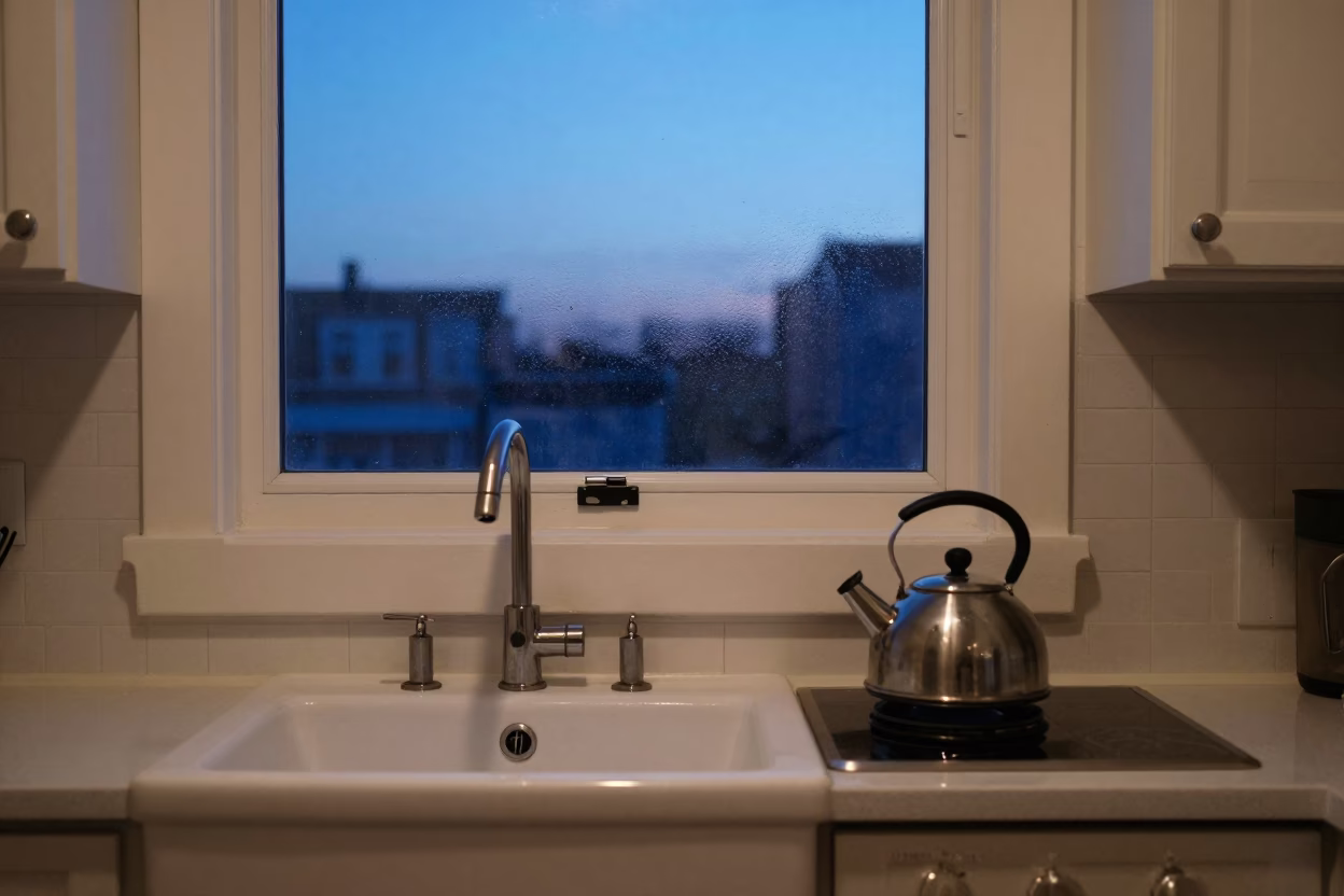 Kitchen Interior in Montreal at Indigo Twilight After Sunset in in Montreal, Quebec, Canada