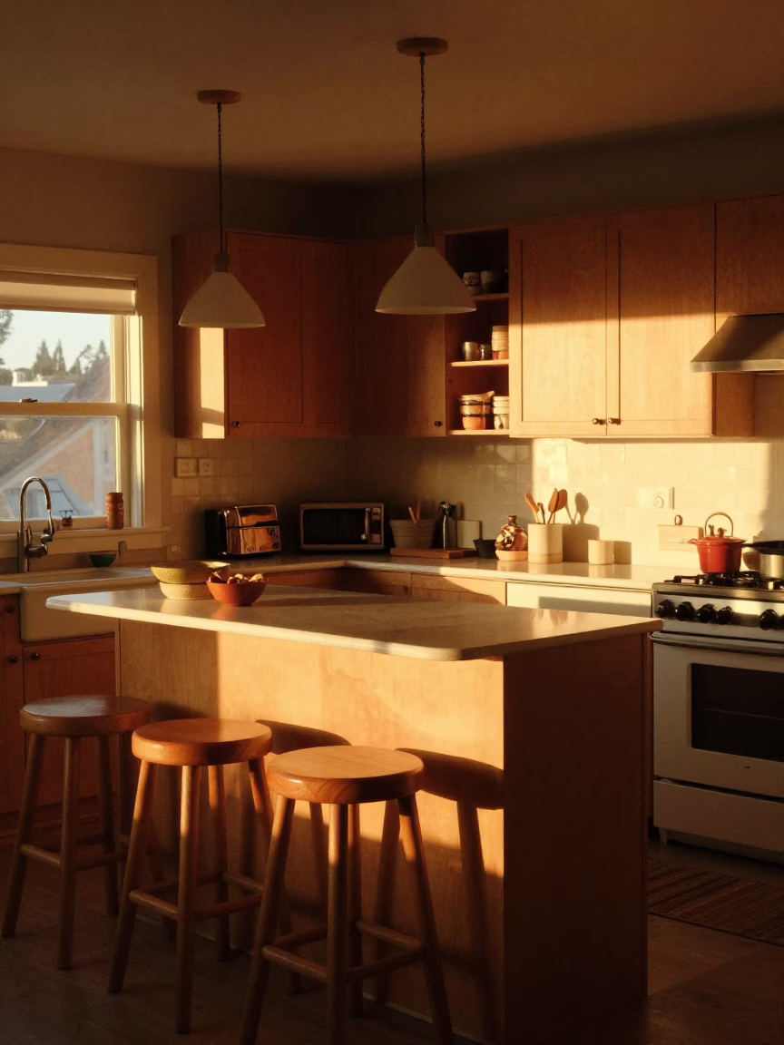 Kitchen Interior in Portland at Honeyed Evening Light in in Portland, Oregon, United States