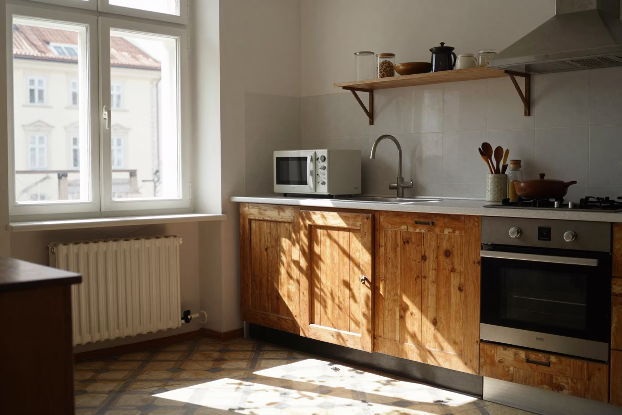 Kitchen Interior in Prague at The Flat Glare Of Noon Light in in Prague, Czech Republic
