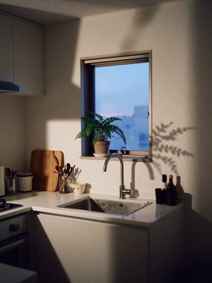 Kitchen Interior in Tokyo at The Still Hours Before Dawn Light in in Tokyo, Japan