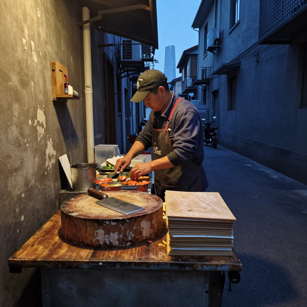 Kitchen Prep in Shanghai at The Still Hours Before Dawn Light in in Shanghai, China