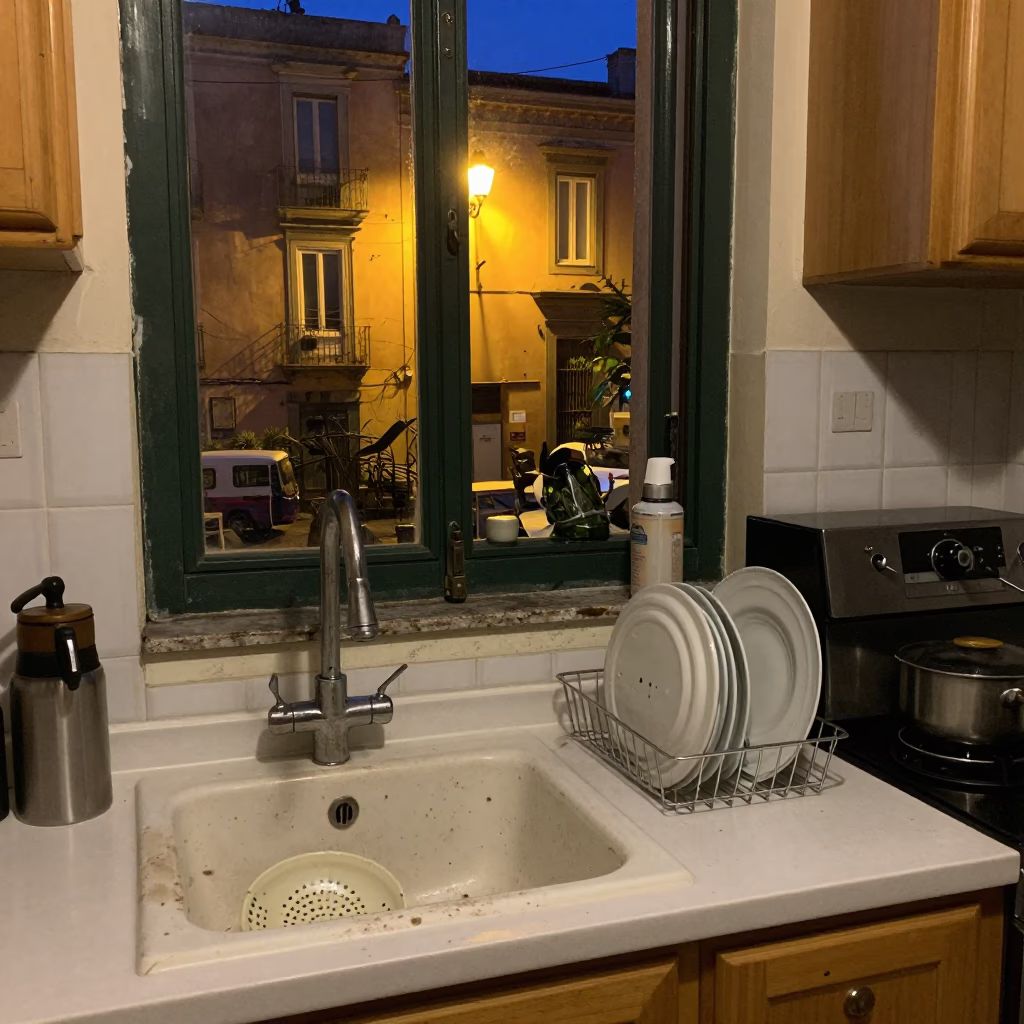 Kitchen Scene after dark in Naples in in Naples, Italy