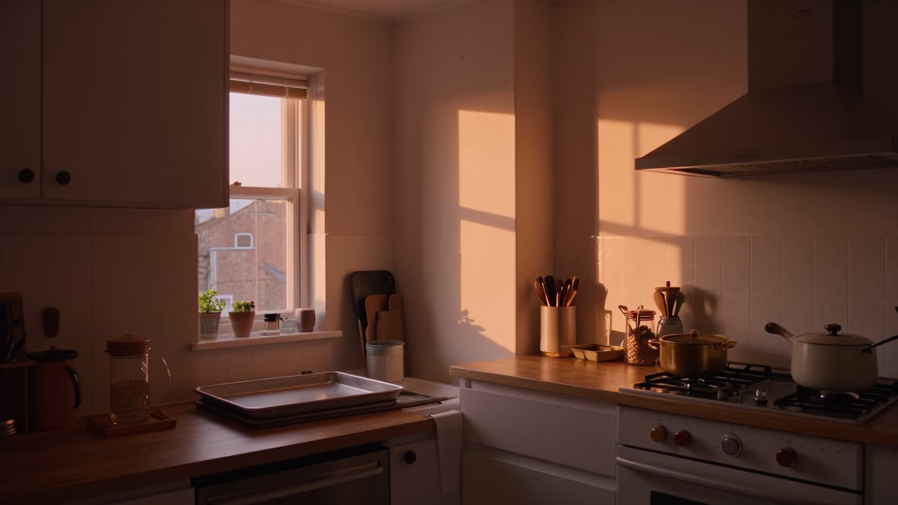 Kitchen Scene in Bristol at Copper-toned Light Before Dusk in in Bristol, United Kingdom