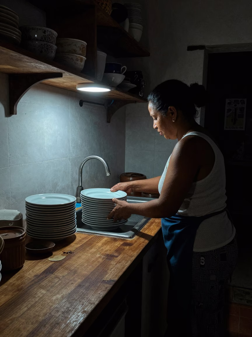 Kitchen Scene in Cartagena at Midnight Light in in Cartagena, Colombia