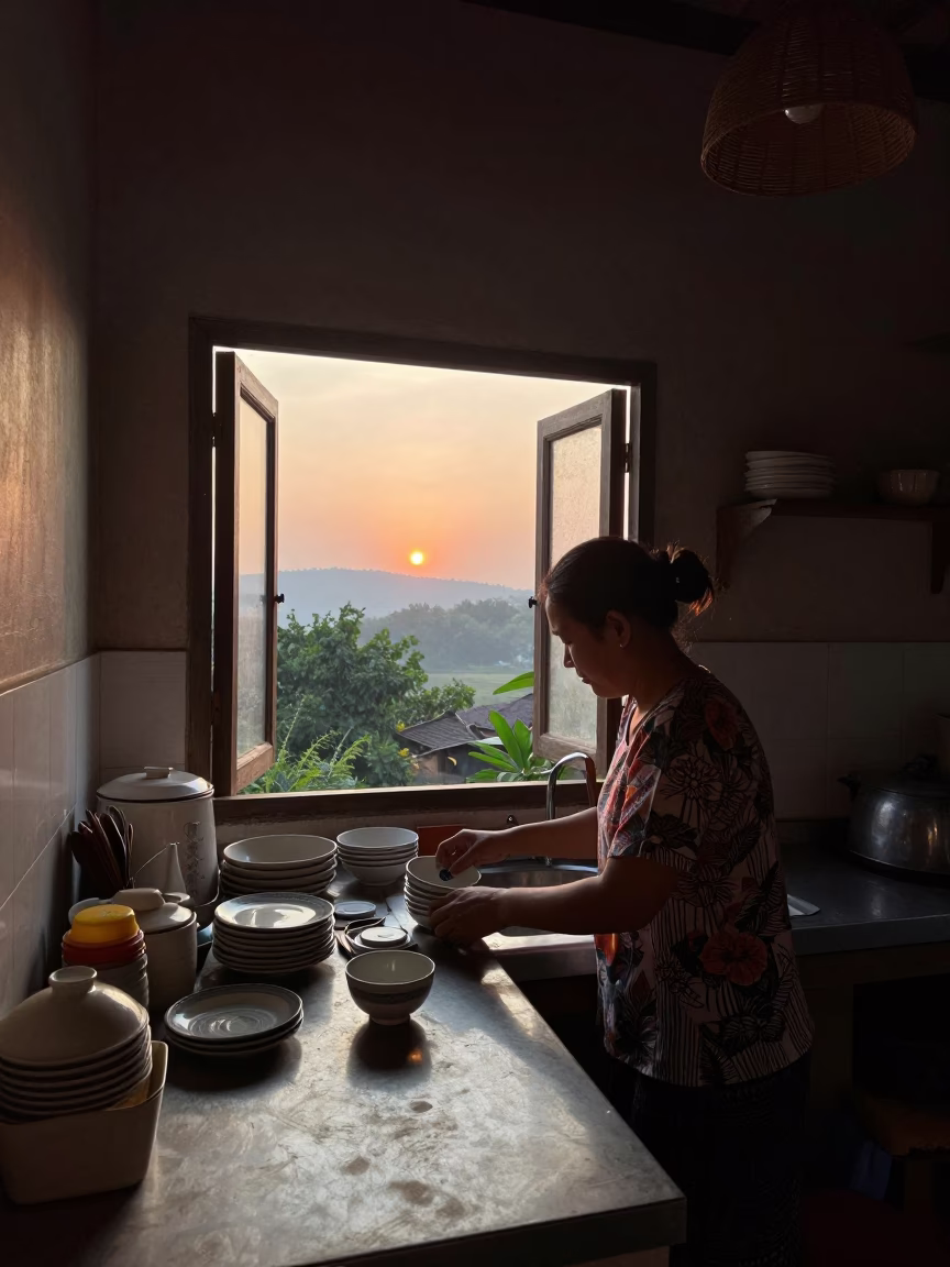 Kitchen Scene in Chiang Mai at First Light Of Dawn in in Chiang Mai, Thailand