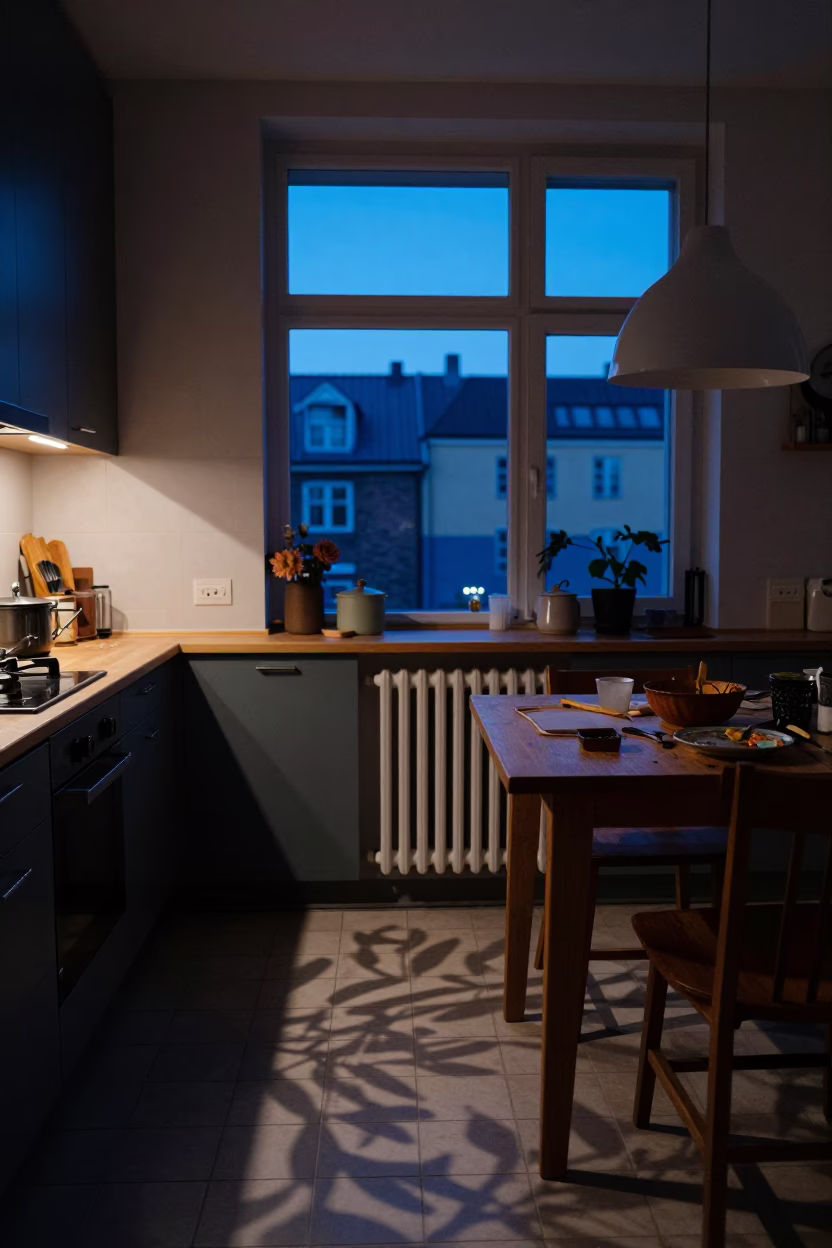 Kitchen Scene in Copenhagen at Indigo Twilight After Sunset in in Copenhagen, Denmark