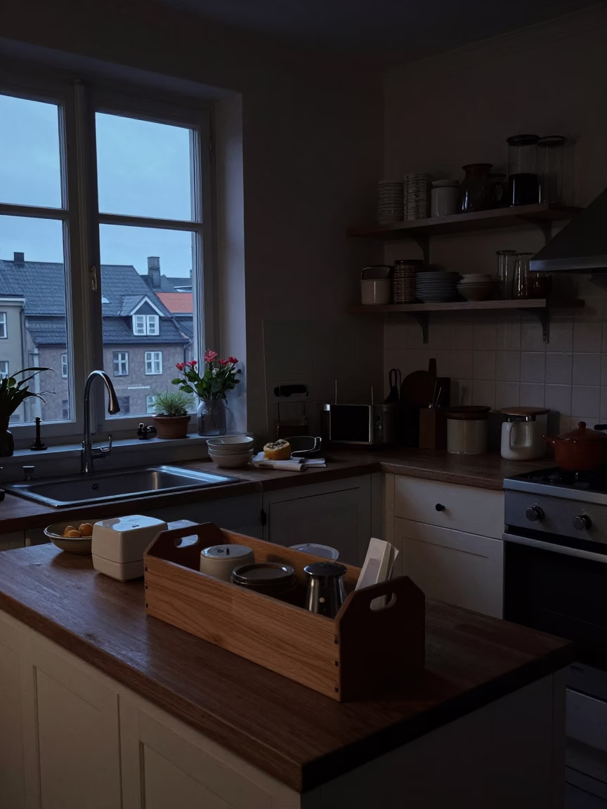 Kitchen Scene in Copenhagen at The Predawn Darkness Light in in Copenhagen, Denmark