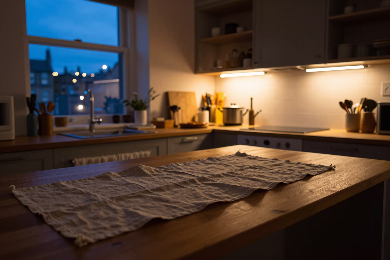 Kitchen Scene in Edinburgh at As City Lights Begin To Glow in in Edinburgh, United Kingdom