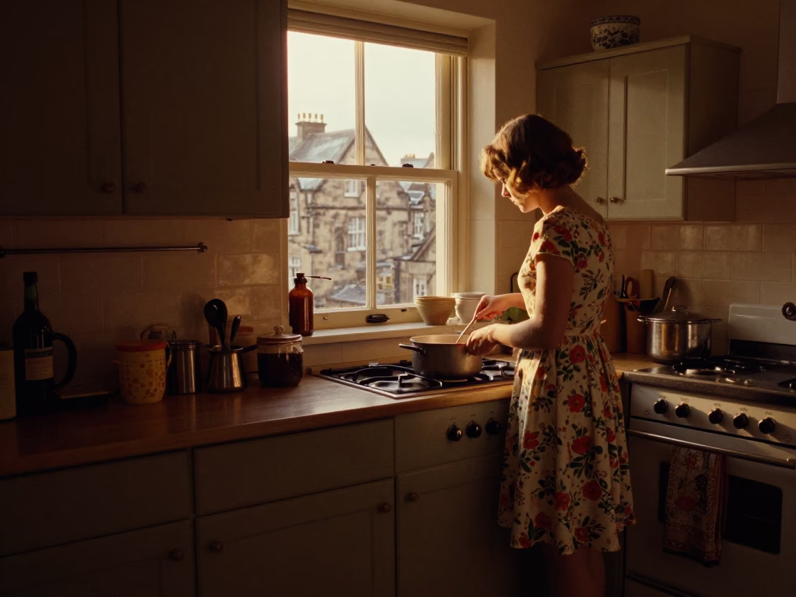Kitchen Scene in Edinburgh at Honeyed Evening Light in in Edinburgh, United Kingdom