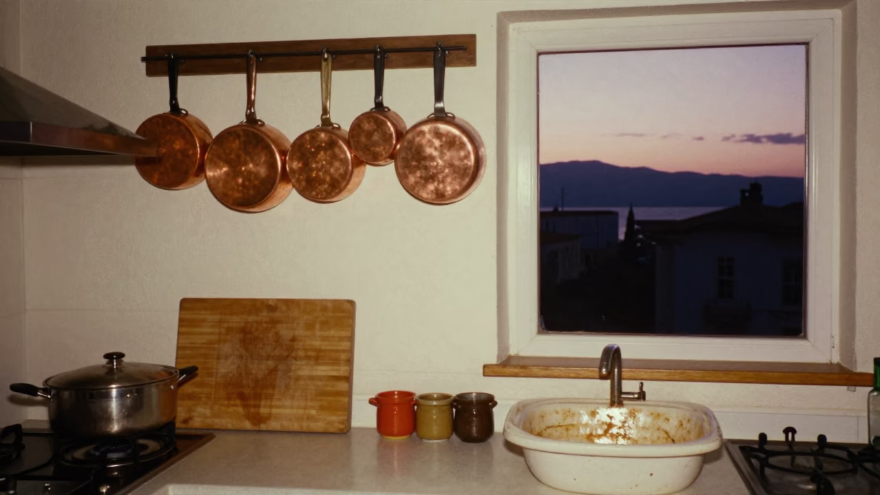 Kitchen Scene in Izmir at Twilight in in Izmir, Turkey