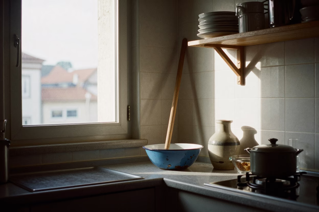 Kitchen Scene in Lisbon at The Late Morning Light in in Lisbon, Portugal