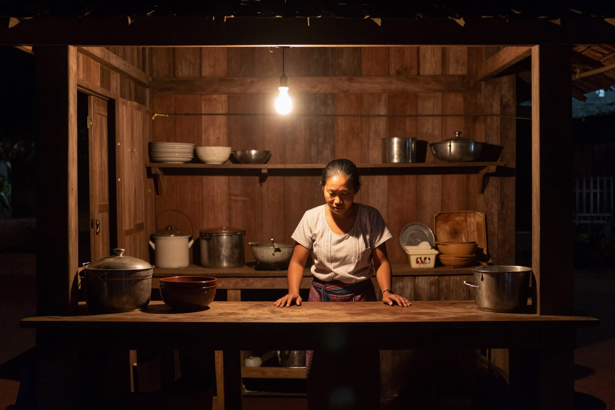 Kitchen Scene in Luang Prabang at Midnight Light in in Luang Prabang, Laos