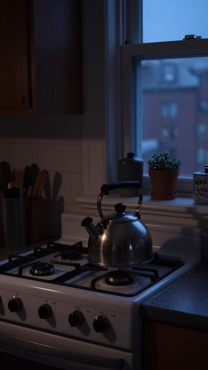 Kitchen Scene in Montreal at The Predawn Darkness Light in in Montreal, Quebec, Canada