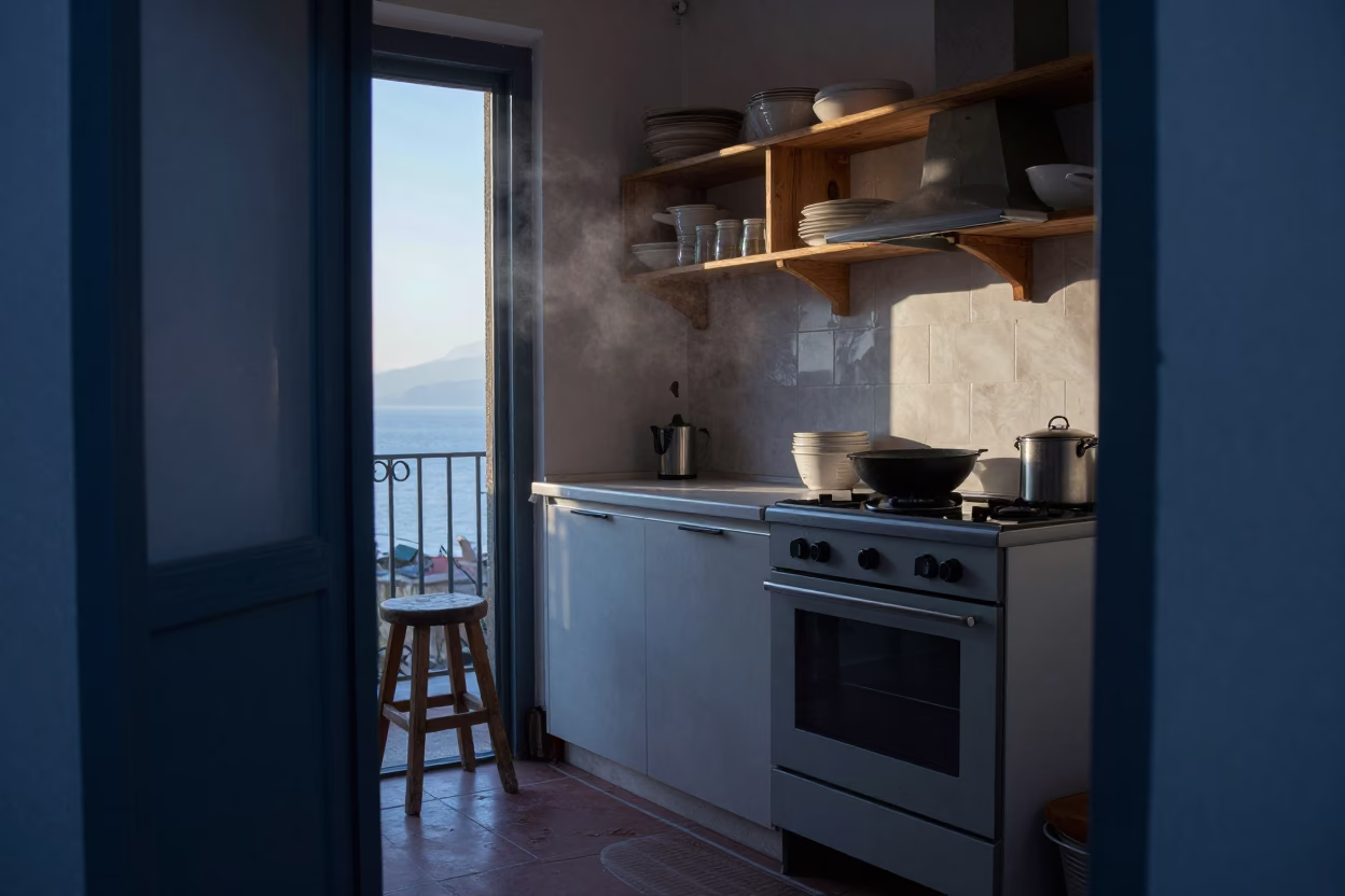 Kitchen Scene in Naples at Sunrise Light in in Naples, Italy