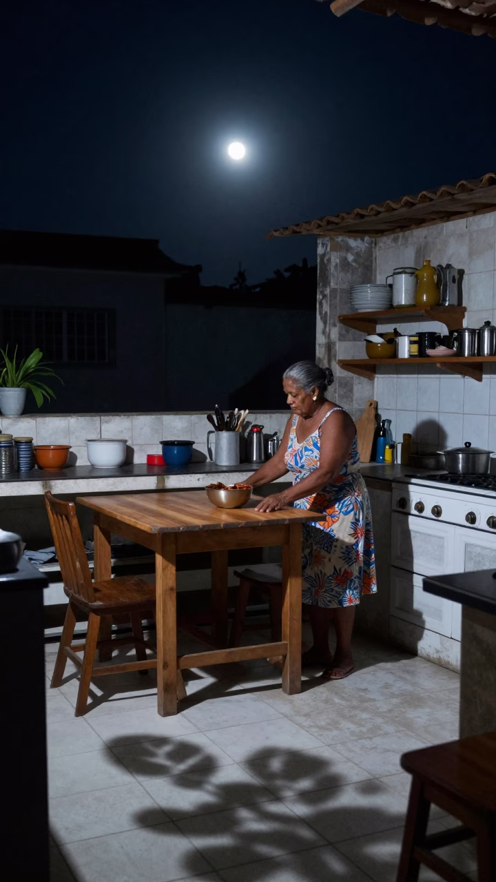 Kitchen Scene in Salvador at Midnight Light in in Salvador, Brazil