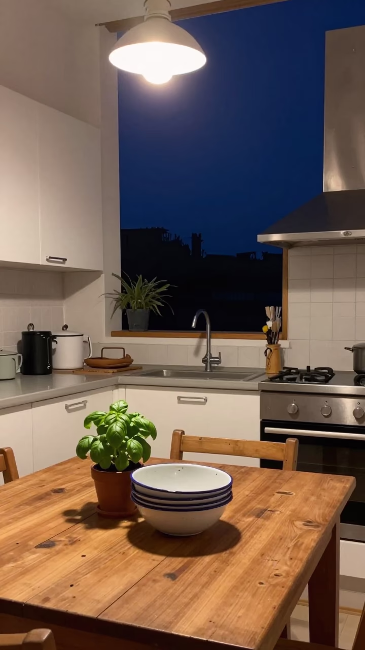 Kitchen Scene in Valencia at The Deepest Night Sky Light in in Valencia, Spain