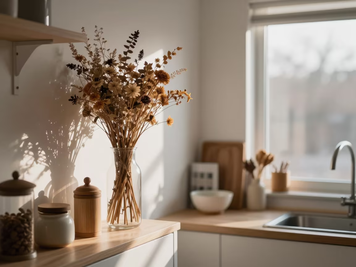 Kitchen Shelf Dried Flowers Winter Light in in a sunlit living room near Chimoio