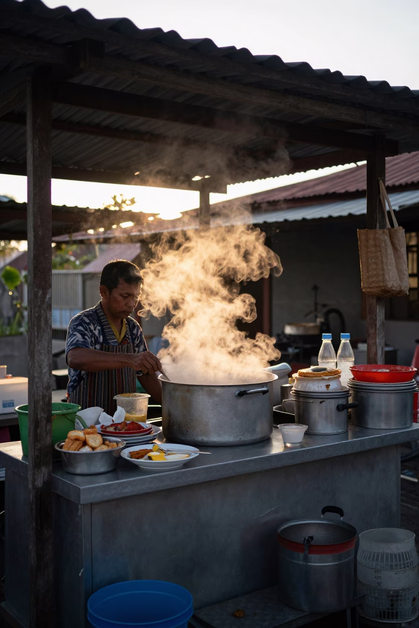 Kitchen Stall in Denpasar at First Light Of Dawn in in Denpasar, Indonesia