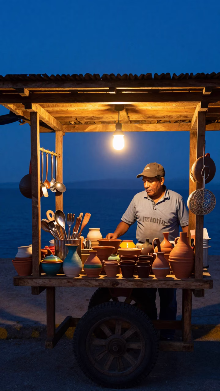 Kitchen Utensils in Oaxaca at Indigo Twilight After Sunset in in Oaxaca, Mexico