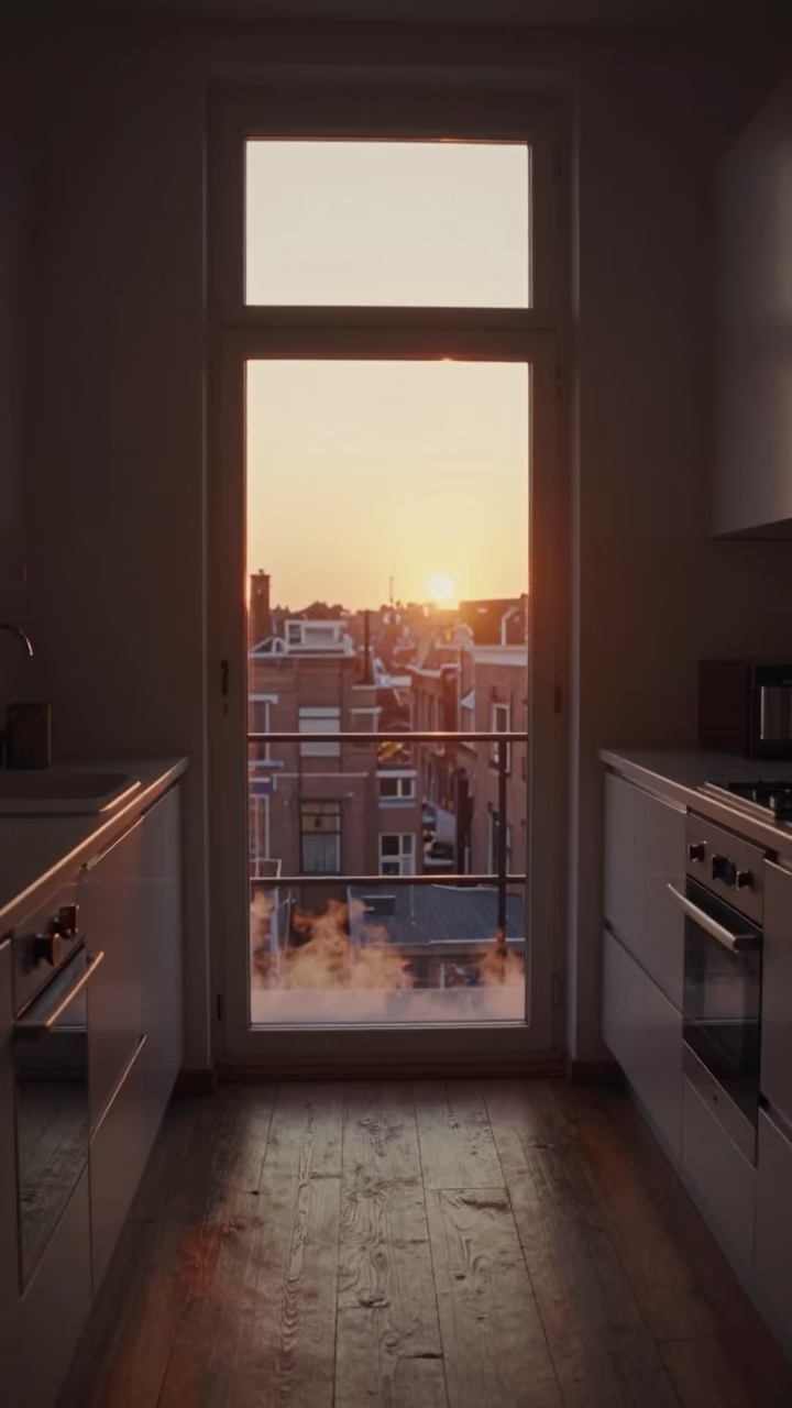 Kitchen Window at As The Sun Drops Toward The Horizon in Amsterdam in in Amsterdam, Netherlands