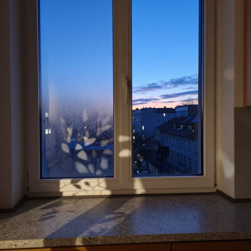 Kitchen Window in Berlin at Indigo Twilight After Sunset in in Berlin, Germany